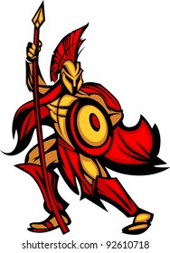 Greek Spartan Or Trojan Mascot Holding A Shield And Spear