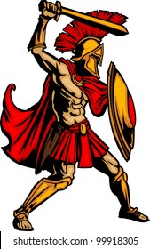 Greek Spartan Or Trojan Soldier Holding A Shield And Sword