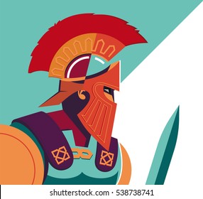 Greek Spartan Warrior or Trojan Soldier holding shield and sword - Vector Illustration