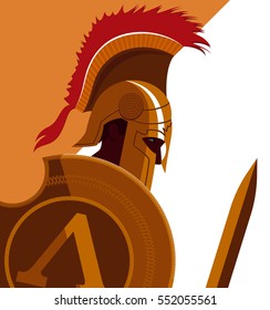 Greek Spartan Warrior Or Trojan Soldier Holding Shield And Sword - Vector Illustration