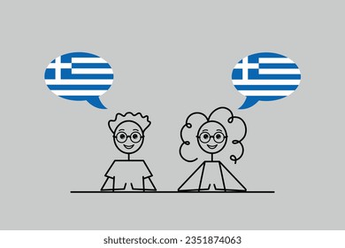 greek speakers, cartoon boy and girl with speech bubbles in Greece flag colors, learning greek language vector illustration