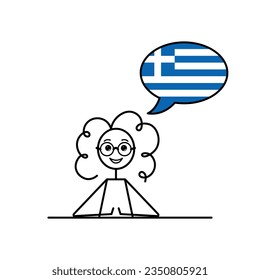 greek speaking cartoon girl with speech bubble in flag of Greece colors, female character learning greek language vector illustration, black line sketch
