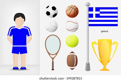 Greek sportsman with sport equipment collection vector illustrations