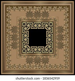 Greek square frame. Floral patttern. Vector ornamental ethnic background. Ornate backdrop. Greek key meander ancient ornament with flowers, lines. Luxury design for tile, wallpaper, fabric, print.