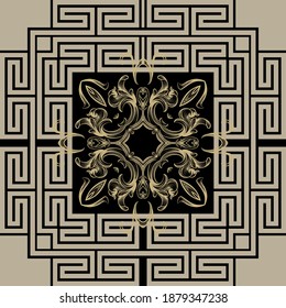 Greek square frames seamless pattern. Ornamental geometric background. Repeat plaid tartan backdrop. Vintage Baroque style floral ornament. Greek key, meanders borders. Golden flowers, leaves, shapes.