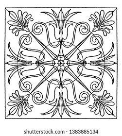Greek Square Panel is found in Athens, it is divided into eight equal spaces, vintage line drawing or engraving illustration.