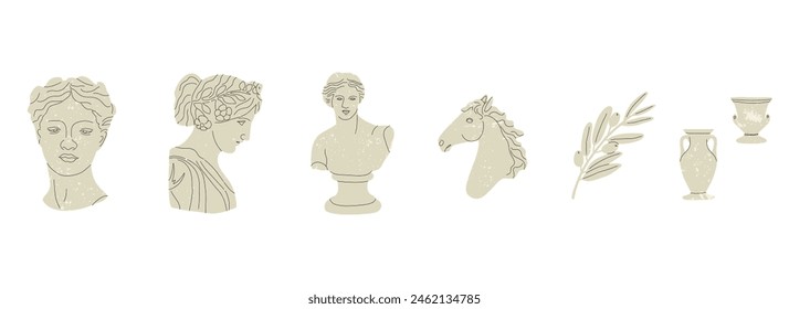 Greek statue. Antique marble roman sculpture, Hand drawn gods and goddesses body parts and faces, Classic statues, man woman column and vase, olive branch. Contemporary vector isolated illustration