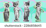 Greek statue with cat heads collage elements for trippy mixed media design. Funny kitty character in halftone texture, dotted pop style. Vector grunge punk crazy art templates
