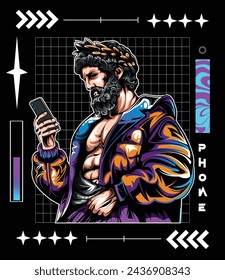 Greek statue character holding smartphone with brutalism street wear background