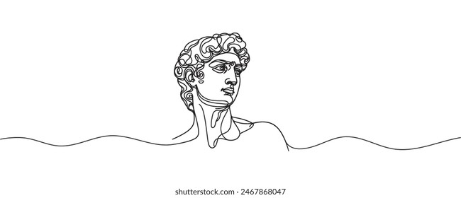 Estatua griega. Cabeza de David, cabeza de hombre. Dibujo de una línea. Estampado elegante. Ilustración vectorial