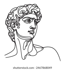 Greek statue. Head of David, male head. One line drawing. Stylish print. Vector illustration