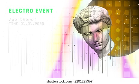 Greek statue head event banner idea with abstract geometrical background. Poster design post contemporary antiquity.