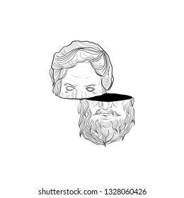 Greek statue of myth god. Marble sculpture of man in surreal style. Linear sketching of head. Psychedelic fantasy design for sticker, tattoo, print for t-shirt, wall art.