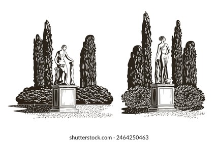 Greek statue on a pedestal surrounded by bushes and trees in a park. Vector set of engraved hand drawing sketches. Can be used for wedding invitations, illustrations, books, etc.