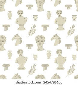 Greek statue pattern seamless. Antique marble roman sculpture, Classic statues column and vase, decor textile, wrapping paper, wallpaper design. Fabric print, contemporary vector isolated illustration