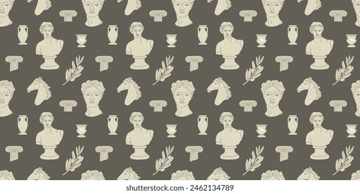 Greek statue pattern seamless. Antique marble roman sculpture, Classic statues column and vase, decor textile, wrapping paper, wallpaper design. Fabric print, contemporary vector isolated illustration