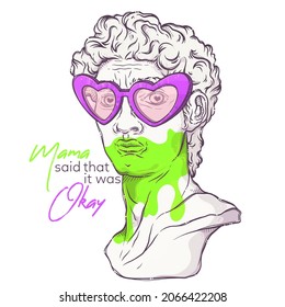 Greek statue. Plaster head with heart glasses and green paint. Mama said that it was okay - lettering quote. Marble David bust for posters, postcards, t-shirt prints. Vector hand drawn style.