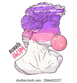 Greek statue. Plaster head with pink bubble gum. Bubble gum - lettering quote. Marble David bust for posters, postcards, t-shirt prints. Vector hand drawn style illustration.