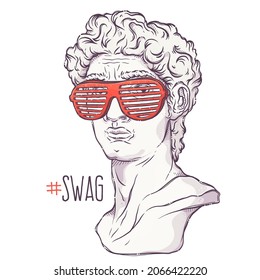 Greek statue  Plaster head and sunglasses  Hashtag Swag    lettering quote  Marble David bust for posters  postcards  t  shirt prints  Vector hand drawn style illustration 