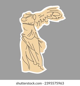 Greek statue Winged Victory isolated on white. Sculpture of the goddess of victory. Ancient sculpture sticker. Element in beige color with a line. Flat style. Hand drawn. Vector illustration.