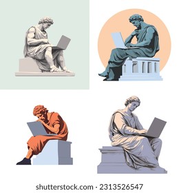 Greek statue working on laptop vector isolated 