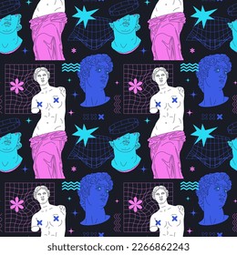 Greek statues with abstract modern forms. Seamless vector pattern with neon sculptures. Editable stroke