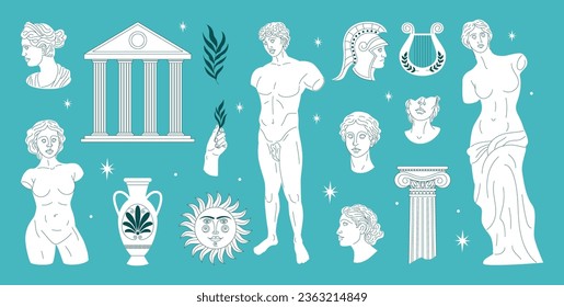 Greek statues. Ancient Rome, Roman historical elements, shapes and figures, male and female sculptures. Museum vase harp and column. Beautiful monument, vector illustration, tidy art icons