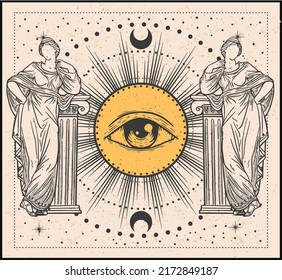 Greek statues ,cycle of the moon and the all-seeing eye, vector art, tarot cards