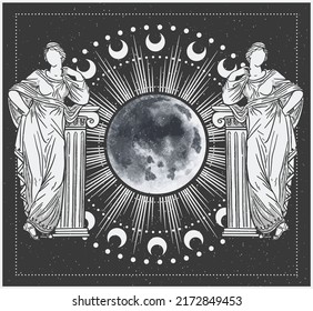 Greek statues cycle of the moon , vector art, tarot cards