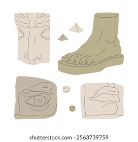 Greek statues parts. Ancient sculptures body parts for art class, marble foot, lips and eye, greek god and goddess sculptures parts flat vector illustration set. Classic sculpture art elements