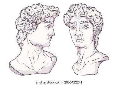 Greek Statues. Plaster Heads Of David From Various Angles.  Marble Bust For Posters, Postcards, T-shirt Prints. Saint David's Head In Full Face And Profile. Vector Hand Drawn Style Illustration.