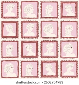 Greek statues portrait seamless pattern. Antique Roman face sculpture on retro frame endless aop background. Rococo surface pattern design vintage ancient motif. Vector hand drawn illustration.