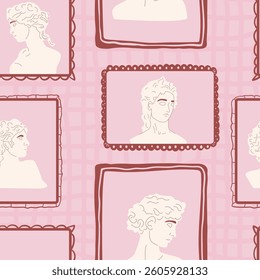 Greek statues portrait seamless pattern. Antique Roman face sculpture on retro frame endless aop background. Rococo surface pattern design vintage ancient motif. Vector hand drawn illustration.