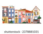 Greek street with building facade vector illustration. Facade of greece horizontal exterior. Urban landscape of italian architecture. Vintage europe cityscape. Mediterranean apartment. Tourism