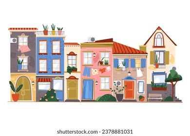 Greek street with building facade vector illustration. Facade of greece horizontal exterior. Urban landscape of italian architecture. Vintage europe cityscape. Mediterranean apartment. Tourism