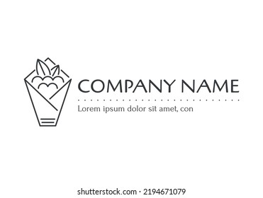 Greek street food logo, delicious souvlaki or gyros in pita bread. Simple isolated flat icon in line style.