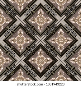 Greek style arabesque seamless pattern. Vector ornamental colorful background. Repeat backdrop. Abstract arabic ornament. Floral design with rhombus, flowers, greek key, meanders, symbols, lines.