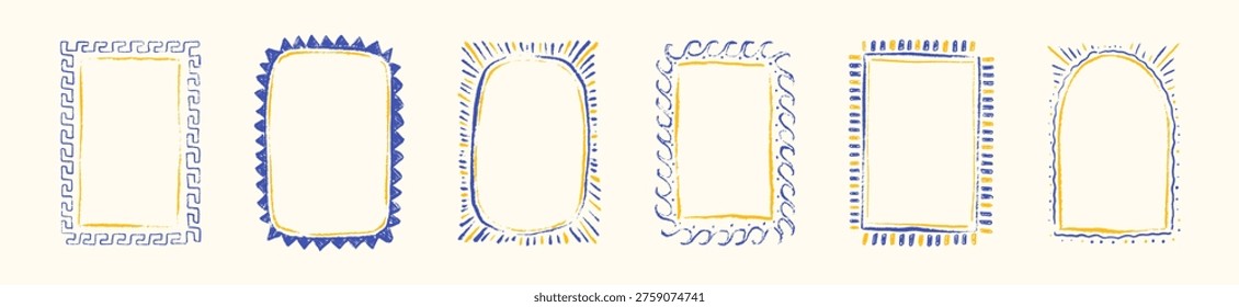 Greek style coastal frames for Mediterranean restaurant and taverna menu, Wedding invitation, postcard, postage stamp. Crayon scribble, paint brush, chalk hand drawn illustration. Greek key pattern