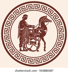 Greek style drawing Pano with national ornament. Warrior in tunic equips horses.