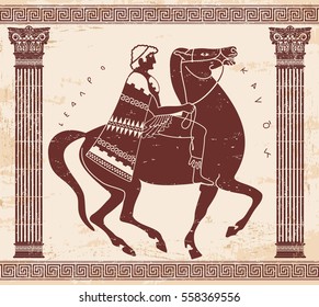 Greek style drawing. Soldier in uniform with a cape riding a horse.