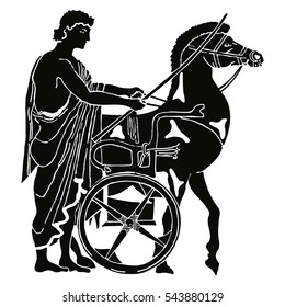 Greek style drawing. Warrior in tunic equips horses. Black pattern isolated on white background.