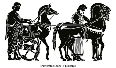 Greek style drawing. Warriors in tunic equips horses. Black pattern isolated on white background.