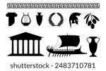 Greek style elements and symbols black silhouettes. Traditional ornament column helmet and antique vases. Greece olives branch, icons vector set