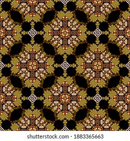 Greek style floral seamless pattern. Vector ornamental colorful background. Repeat backdrop. Abstract ethnic ornament. Ornate design with rhombus, flowers, leaves, greek key, meanders, symbols, lines.