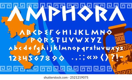 Greek style font of ancient Greece typeface and Mediterranean type, vector English alphabet. Greek style font letters of antique roman typography or Greek mythology cartoon script and ABC typeset