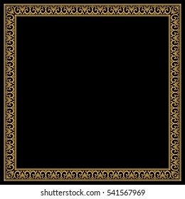 Greek style frame with vintage ornament. Separate linear and angular elements. Golden pattern on a black background.