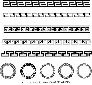 Greek style geometric seamless frames icon set isolated on transparent background. Decoration elements patterns. Vector collection frame design in grecian ancient style and meandros greek ornaments.