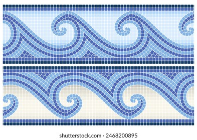 Borde de mosaico de estilo griego con olas, patrón de mar sin costuras en estilo portugués o romano, adorno de línea decorativa, Vector