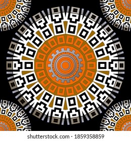 Greek style round mandalas seamless pattern. Tribal ethnic vector background. Ornamental colorful abstract backdrop. Greek key, meanders geometric ornament. For decoration, fabric, card, print.