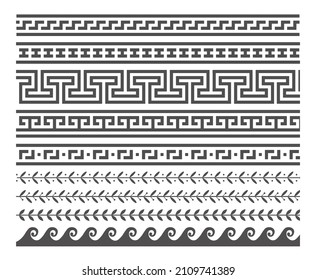 Greek style seamless frames. Geometric border set. Vector ornament pattern. Mediterranean decor elements.